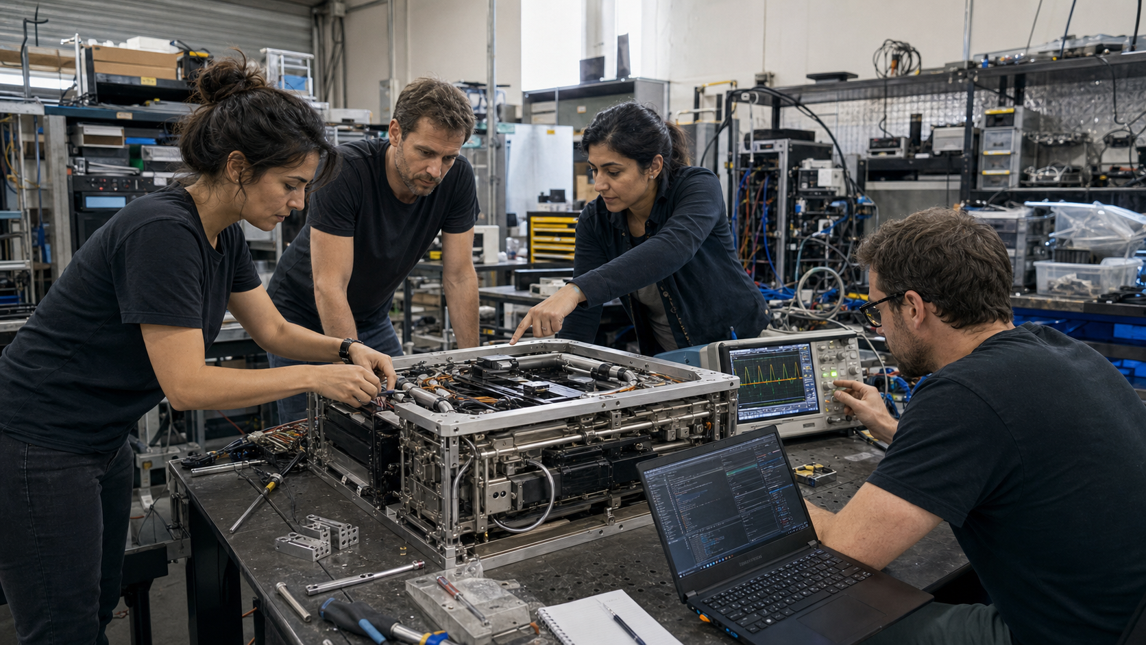 Elythen founding team working around an open lift-field prototype in the Long Beach lab